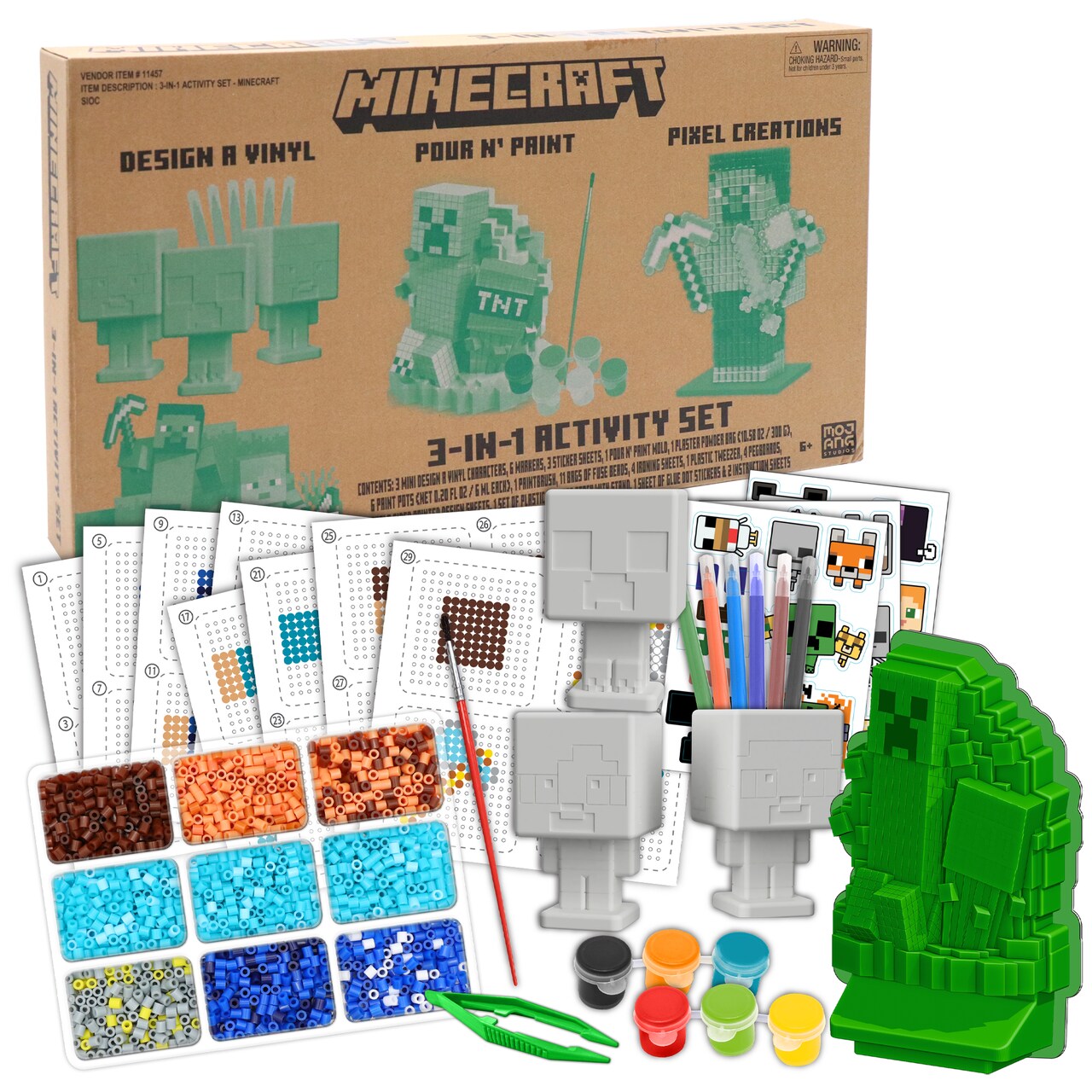 Tara Toy: 3-In-1 Activity Set - Minecraft - Craft Kit, 3 DIY Creations: Design A Vinyl Figure, Pour 'N Paint, Pixel Creations 3D Character, Kid 6+